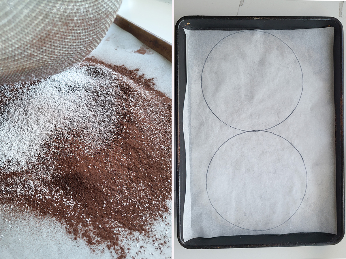 cocoa and sugar sifted. A sheet pan with paper and circles drawn on the paper.