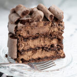 a slice of chocolate cake on a glass plate.