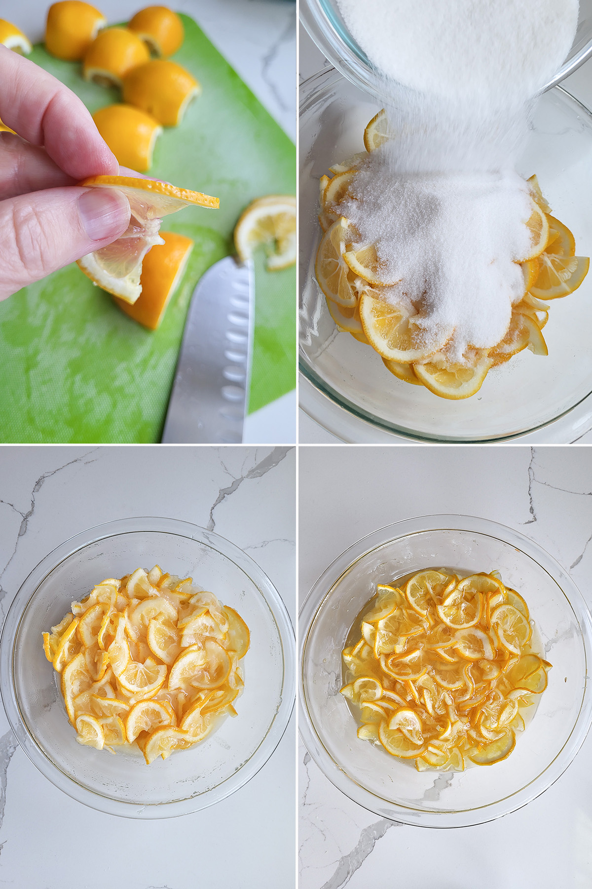 thin lemon slices in a bowl with sugar.