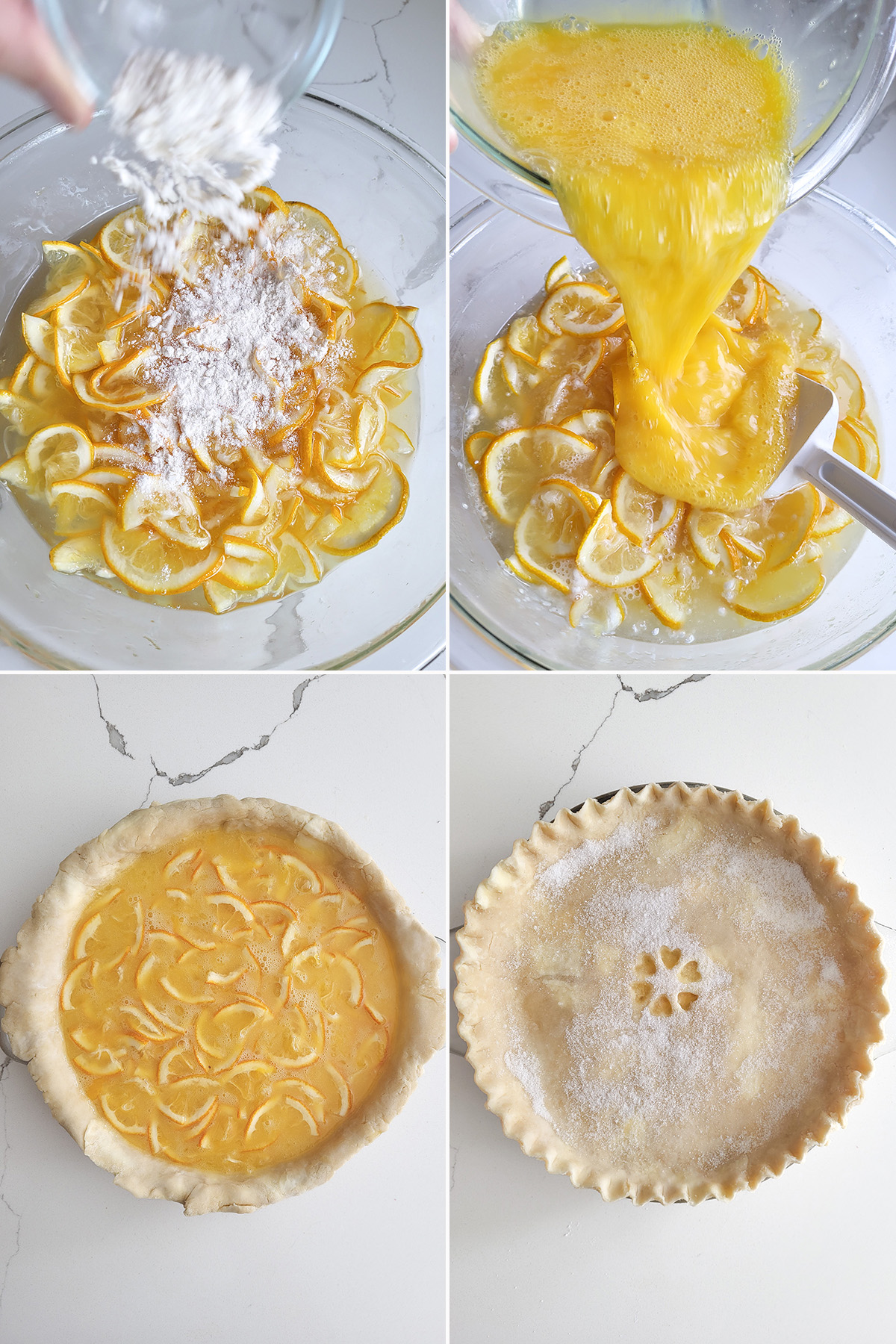 lemon slices in a bowl with flour and eggs. A pie shell filled with lemons.