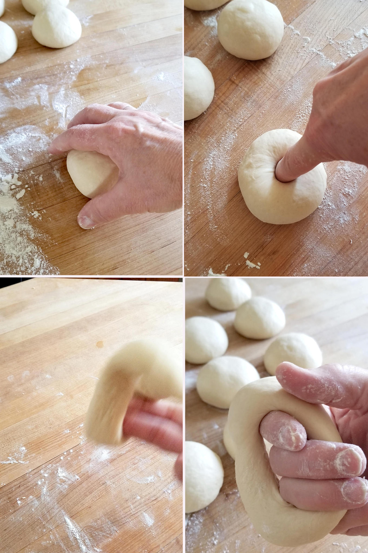 shaping a ball of dough into a bagel.