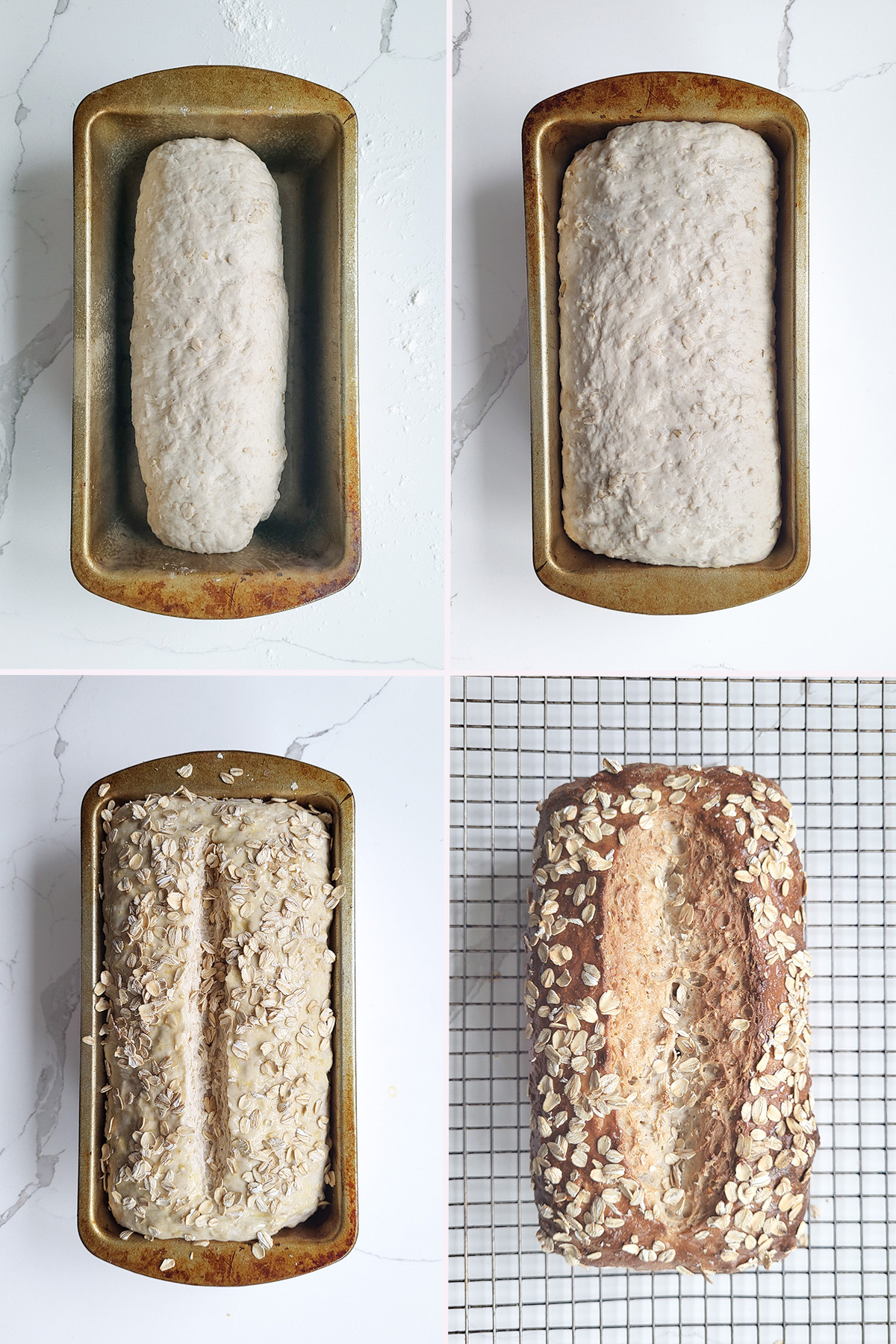 sourdough oatmeal bread before and after rising and baking.