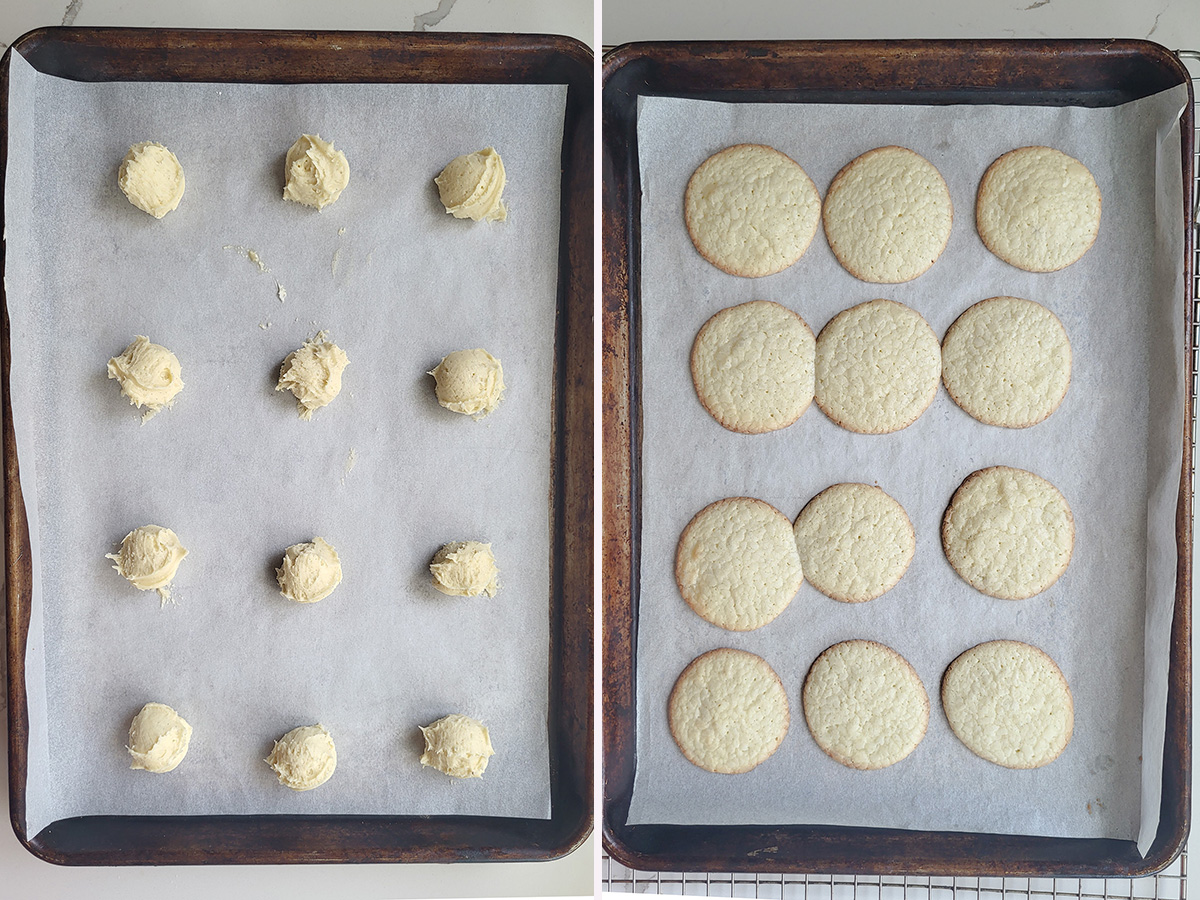 vanilla wafers on a baking pan before and after baking.
