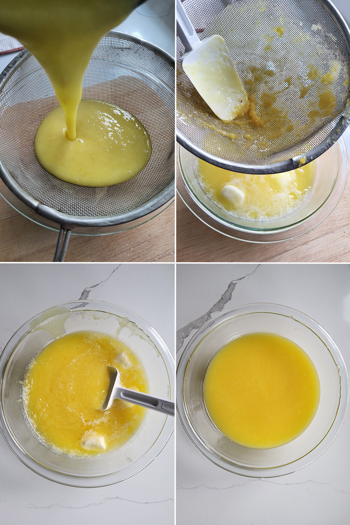 Lemond curd being strained into a glass bowl with butter.