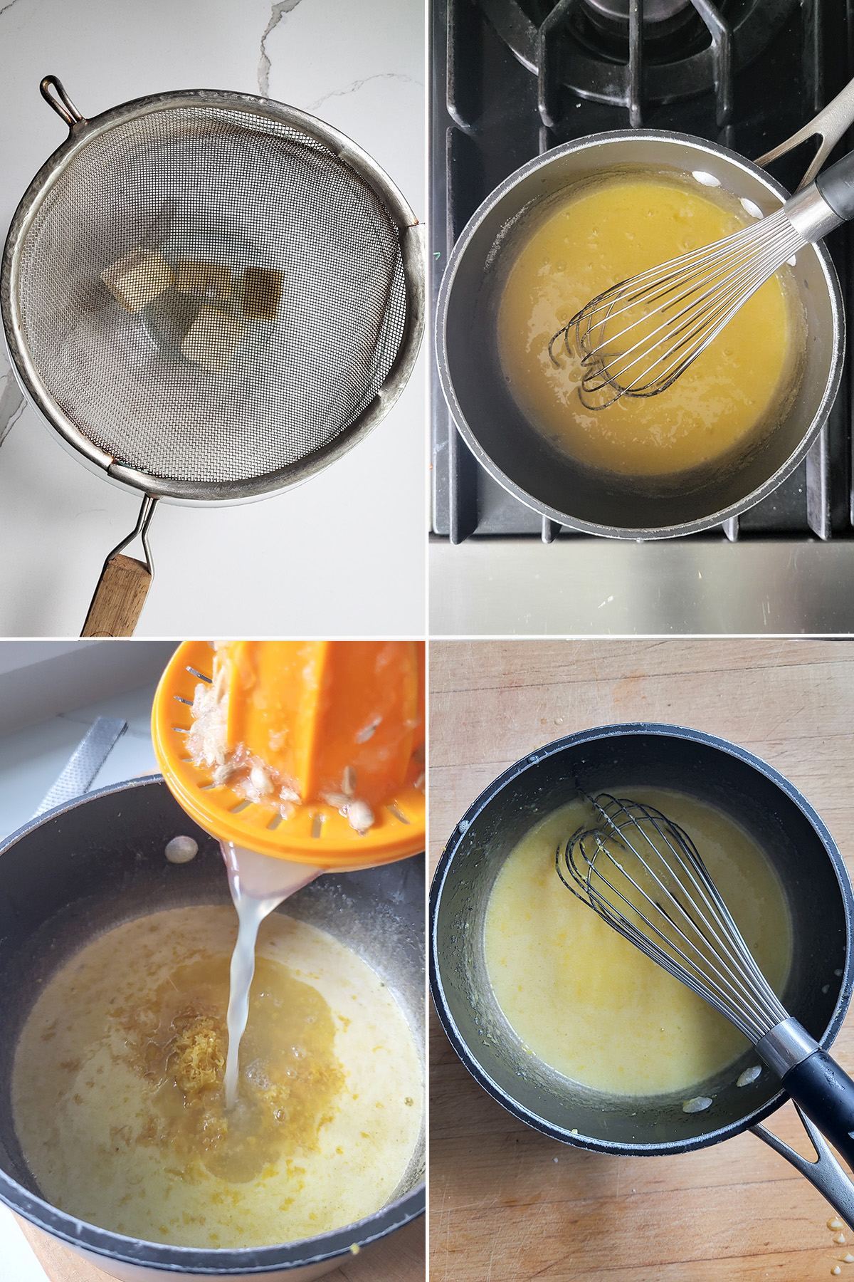 a strainer over a bowl with butter. A pot with eggs and sugar. Lemon juice added to eggs.