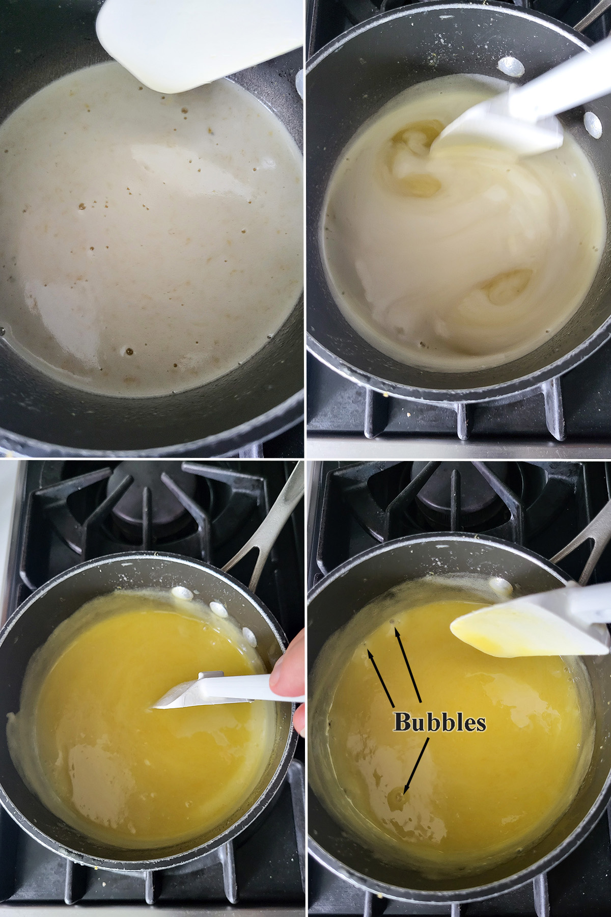 lemon curd cooking in a saucepan. Four photos showing progress.