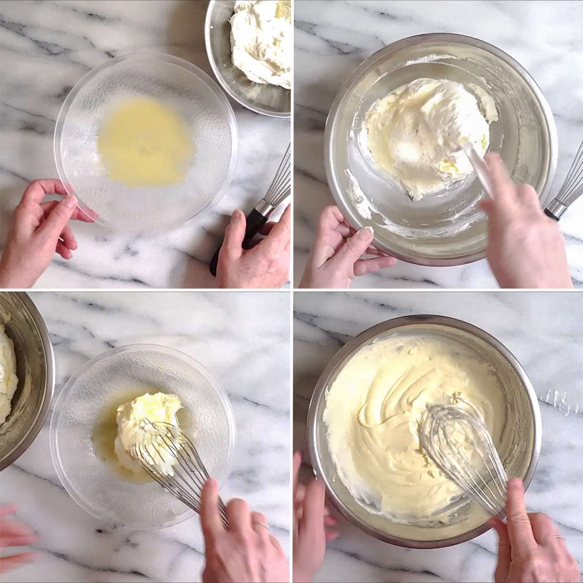 four photos with gelatin in a bowl. Lemon curd and cream in a bowl and lemon mousse in a bowl.