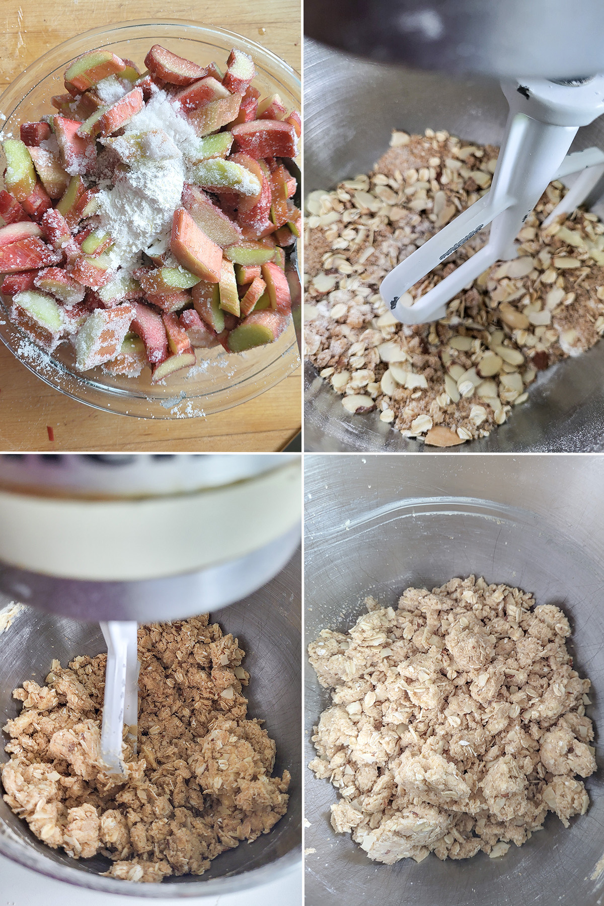 rhubarb chunks in a glass bowl. Crisp topping in a mixing bowl.