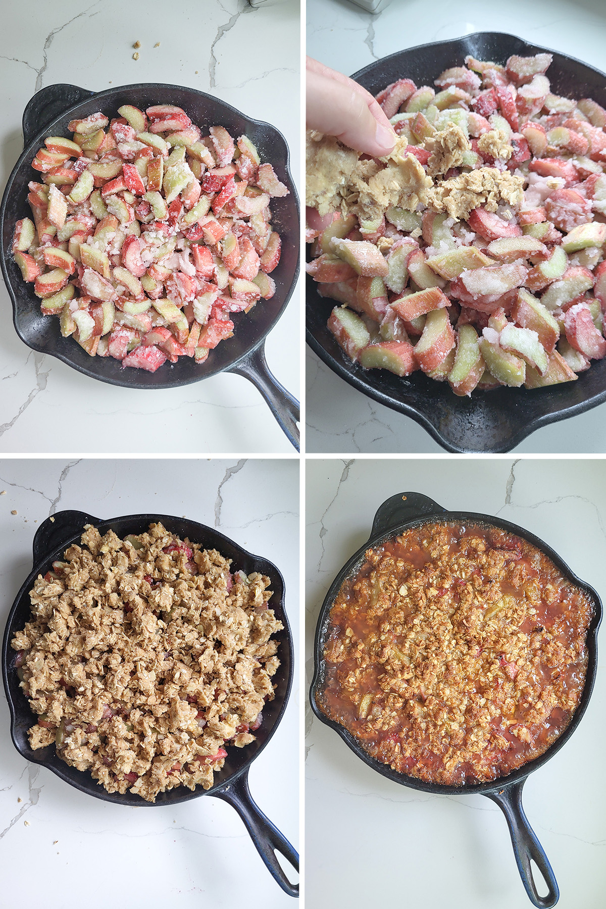 a cast iron pan filled with rhubarb. A hand crumbling dough over the rhubarb. A rhubarb crisp before and after baking.
