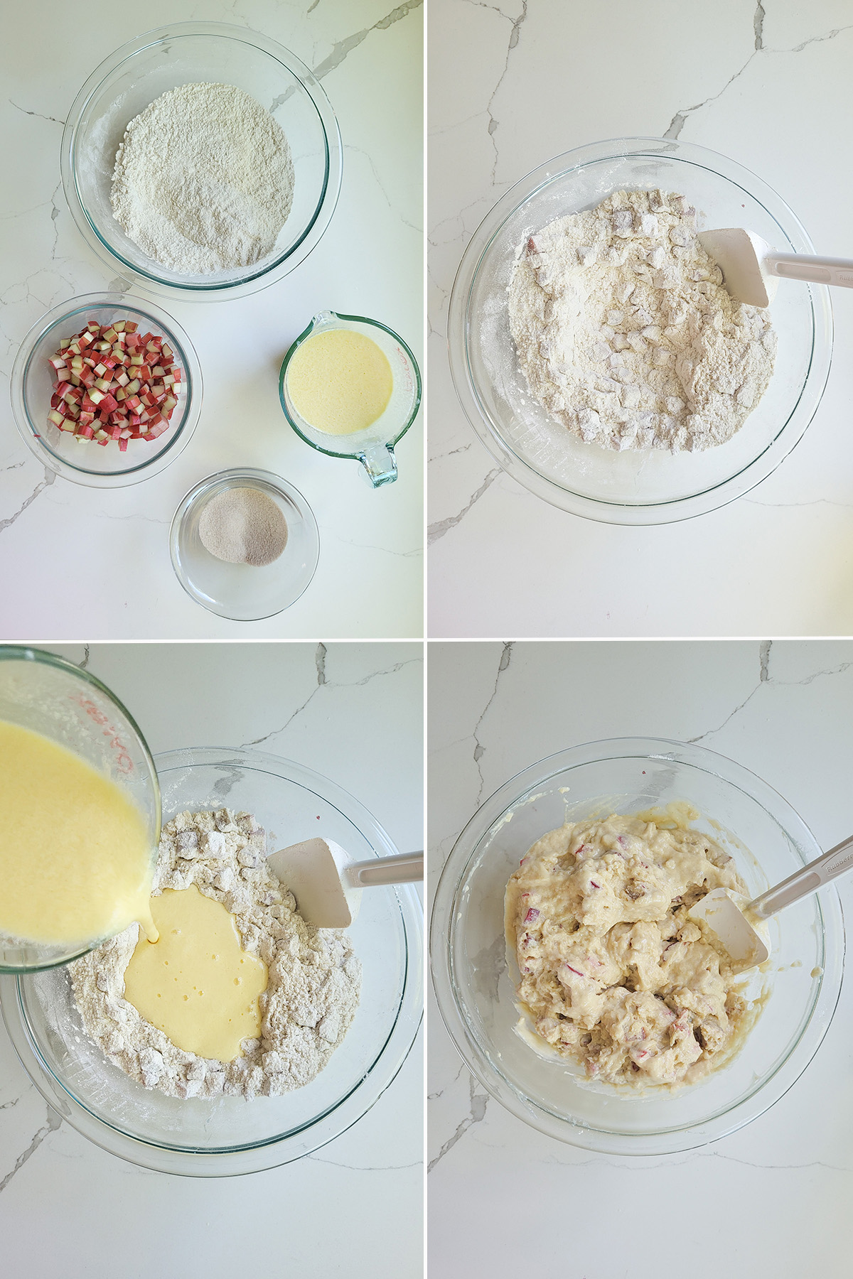 ingredients for rhubarb muffins in bowls. Wet ingredients pouring into dry ingredients. Batter in a bowl.