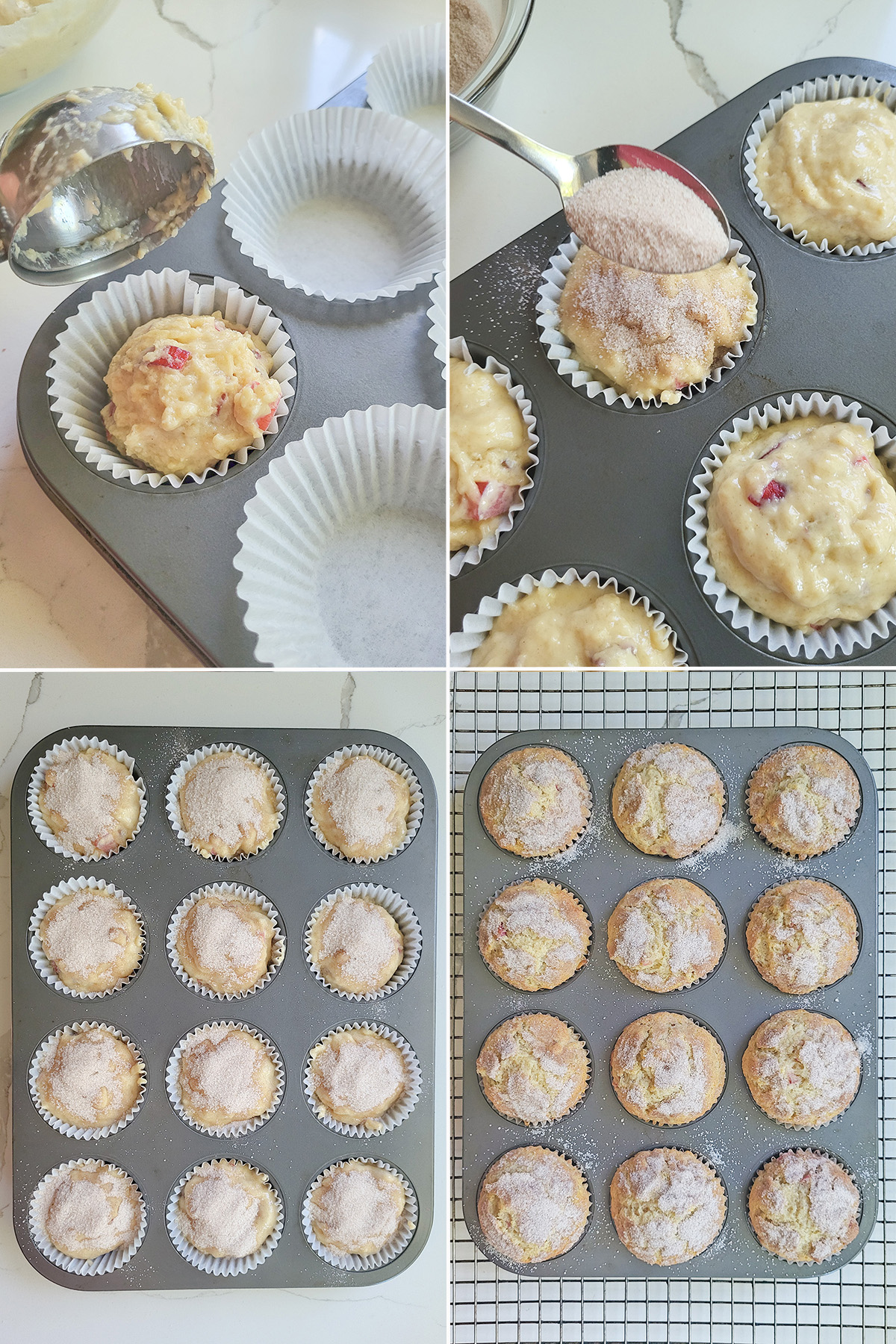 a scooper putting batter in a muffin cup. A spoon sprinkling sugar over raw muffins. A tray of unbaked rhubarb muffins. A tray of baked rhubarb muffins.
