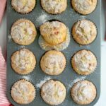a pinterest image for rhubarb muffins with text overlay.