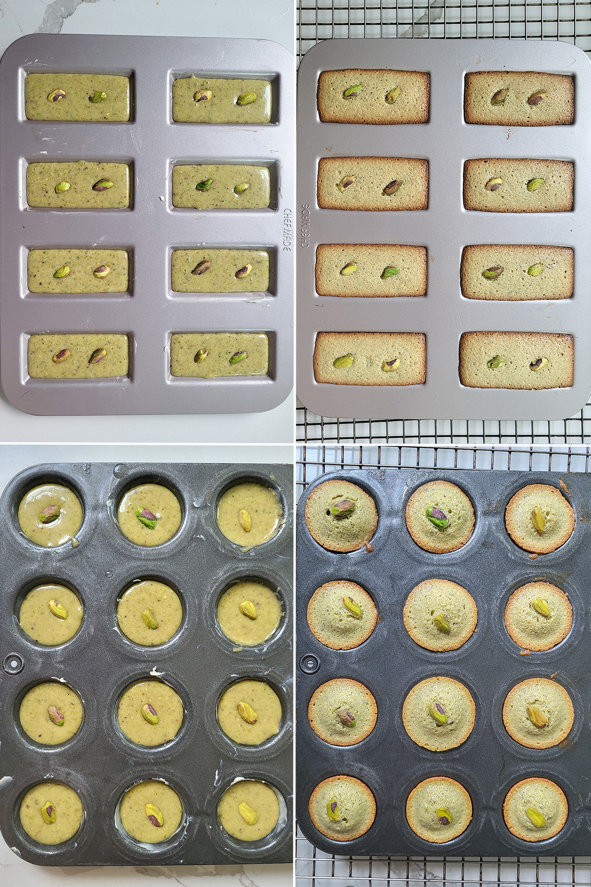 Pistachio financiers before and after baking.