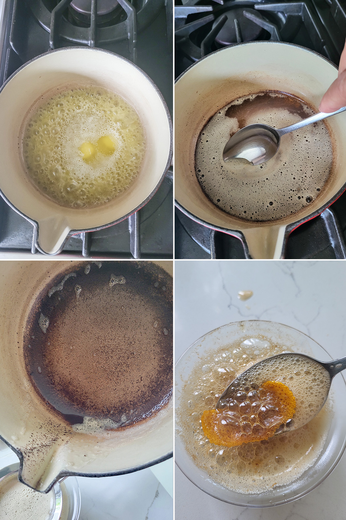 butter in a sauce pan. Browned butter with a spoon skimming foam in the pan. Browned butter in a bowl. A spoon removing orange zest from a bowl of browned butter.