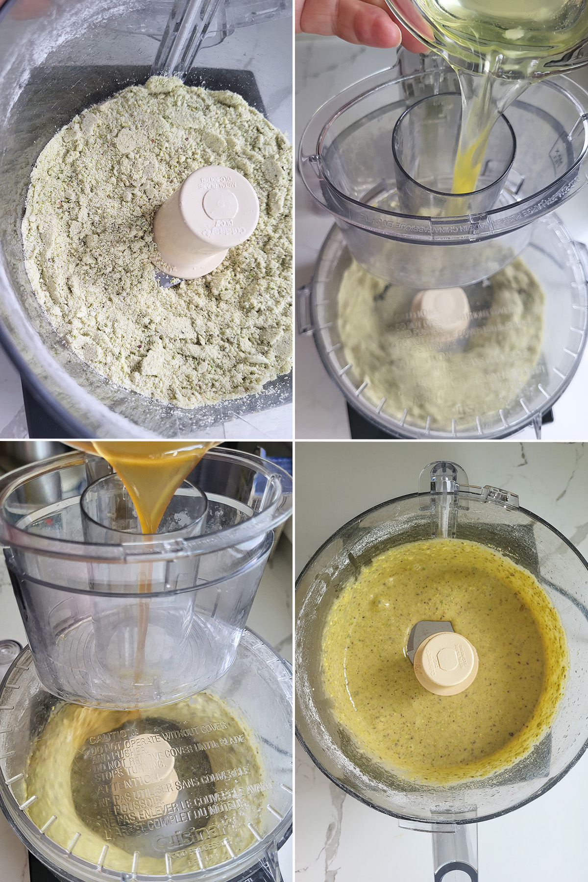 ground pistachios and sugar in a food processor. Egg white and browned butter added to the processor. Cake batter in a food processor.
