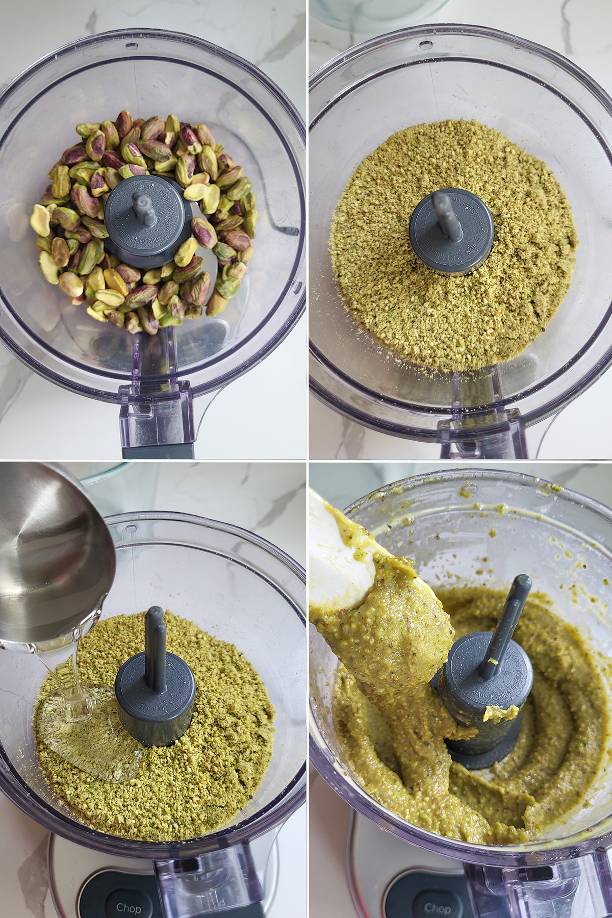 pistachios in a food processor then ground pistachios in a food processor then pistachio paste in a food processor.