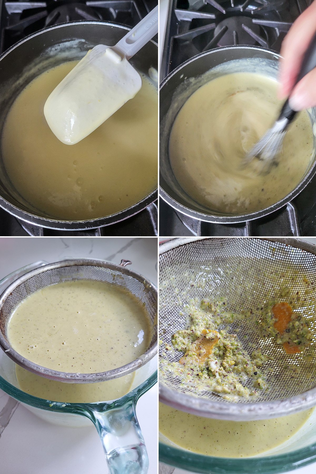custard in a pan and in a sieve. Nuts and orange rind in a sieve.