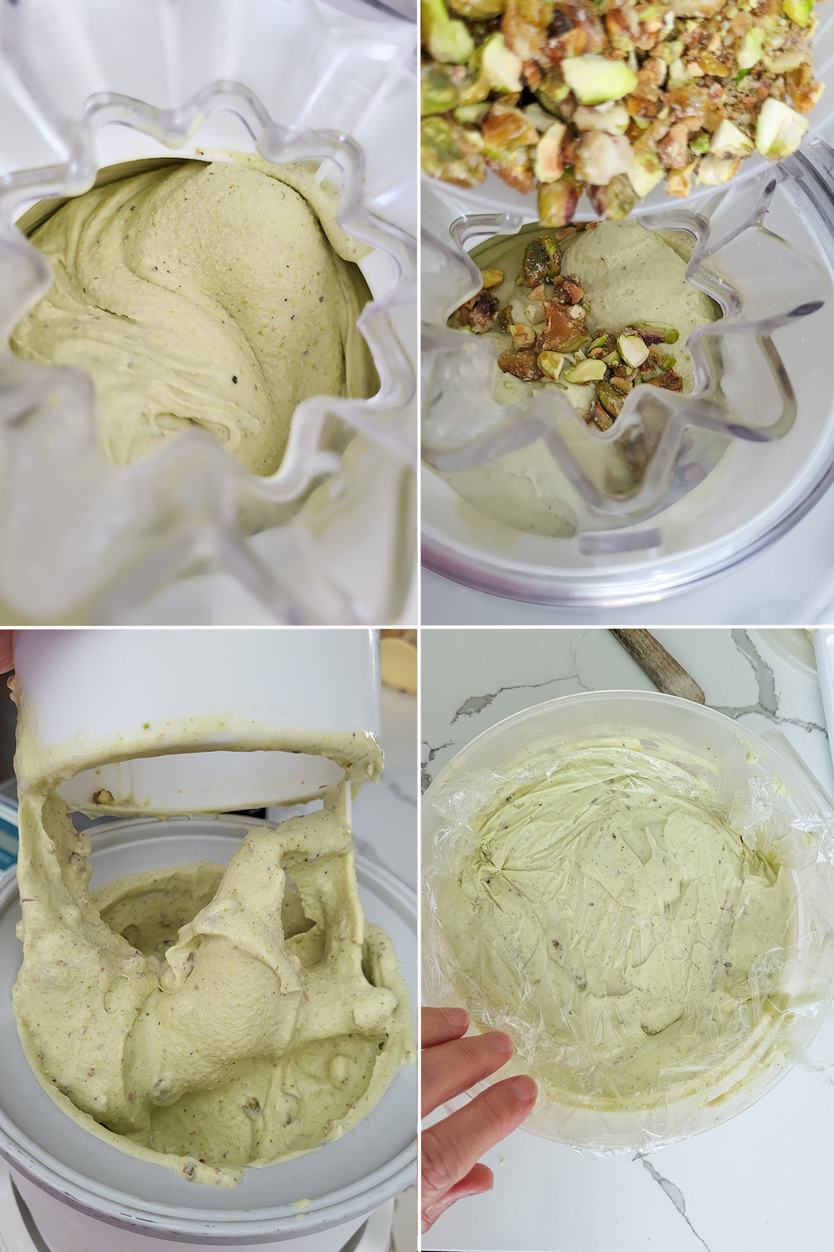 pistachio ice cream in an ice cream machine with nuts added. Ice cream in a plastic bin.
