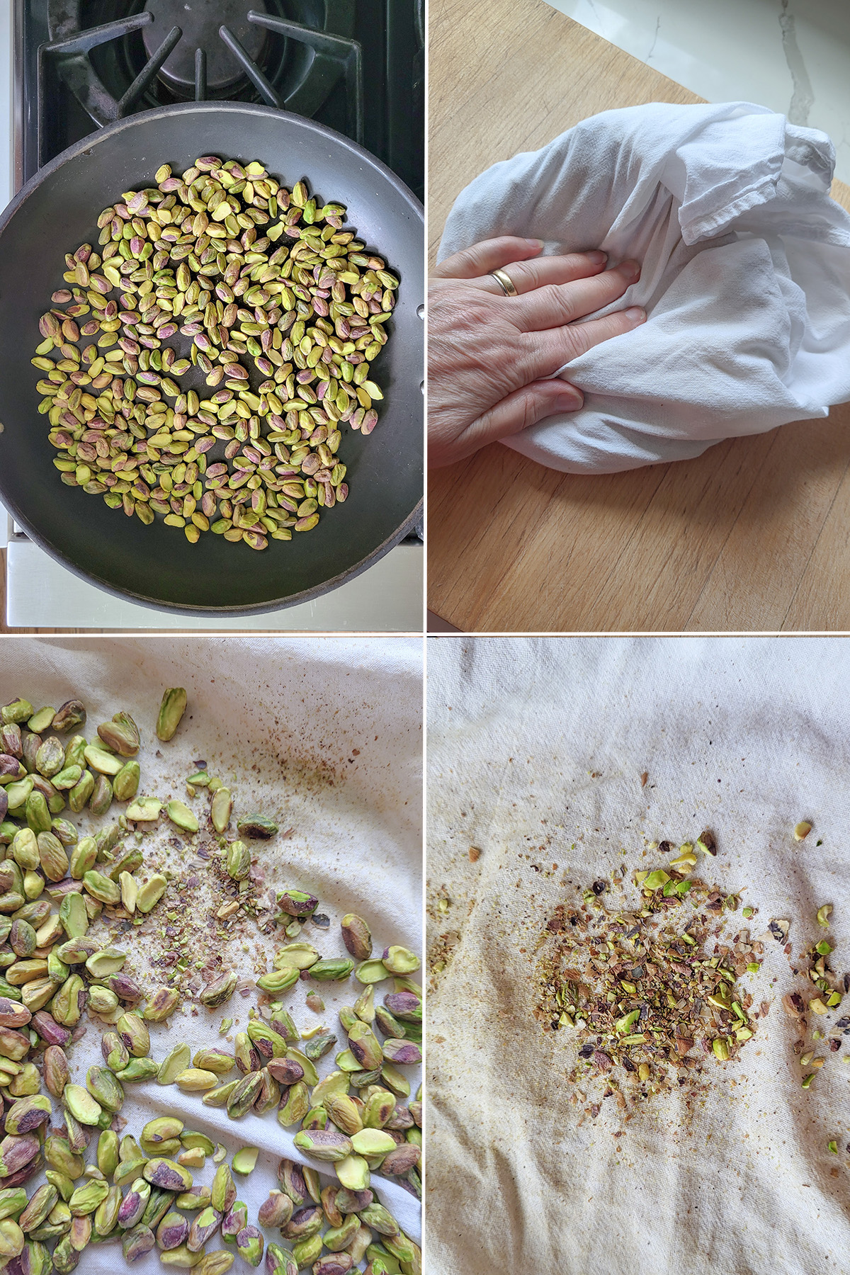 pistachios in a skillet. A hand on a kitchen towel. Pistachios in a towel. Pistachios skins in a towel.