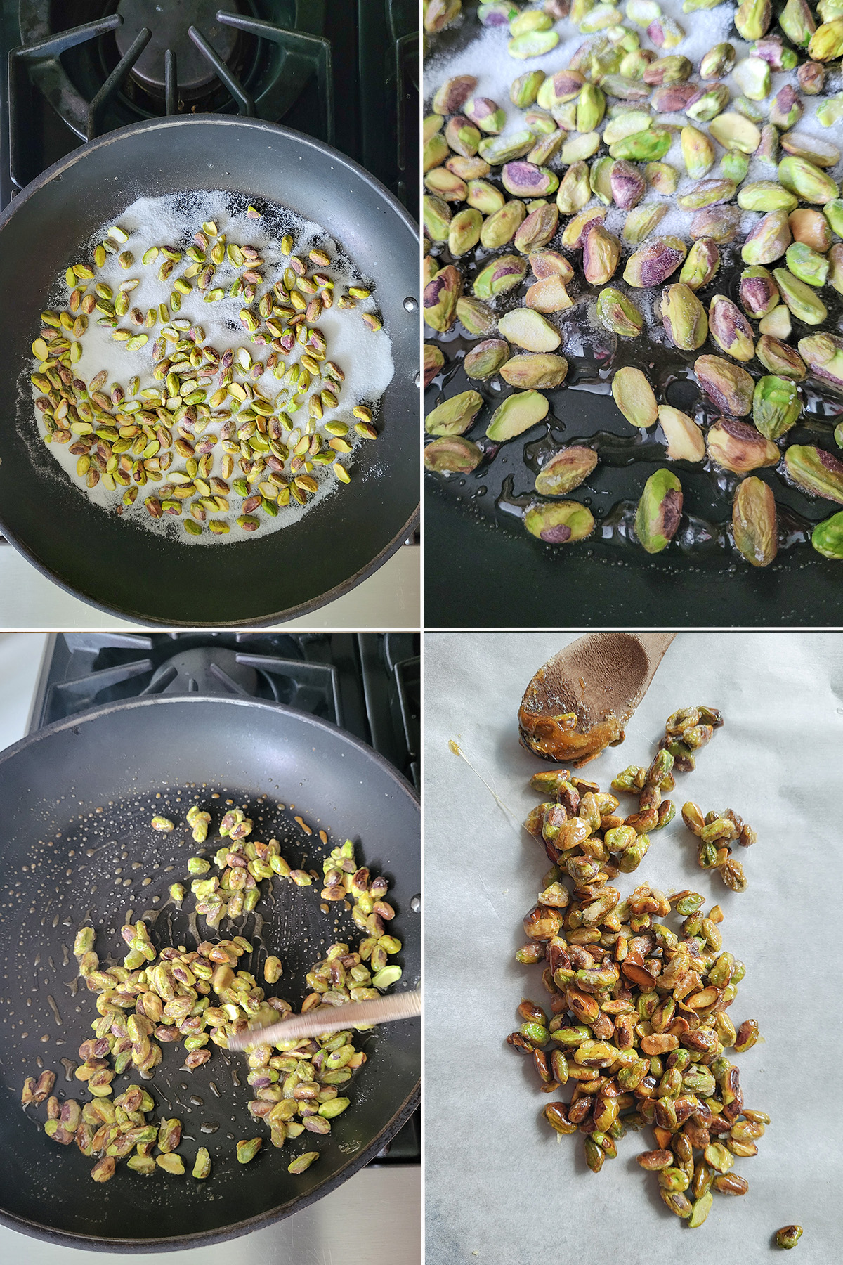 pistachios and sugar in a skillet. Candied pistachios on parchment paper with a spoon.