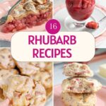 a pinterest image for rhubarb recipes with text overlay.