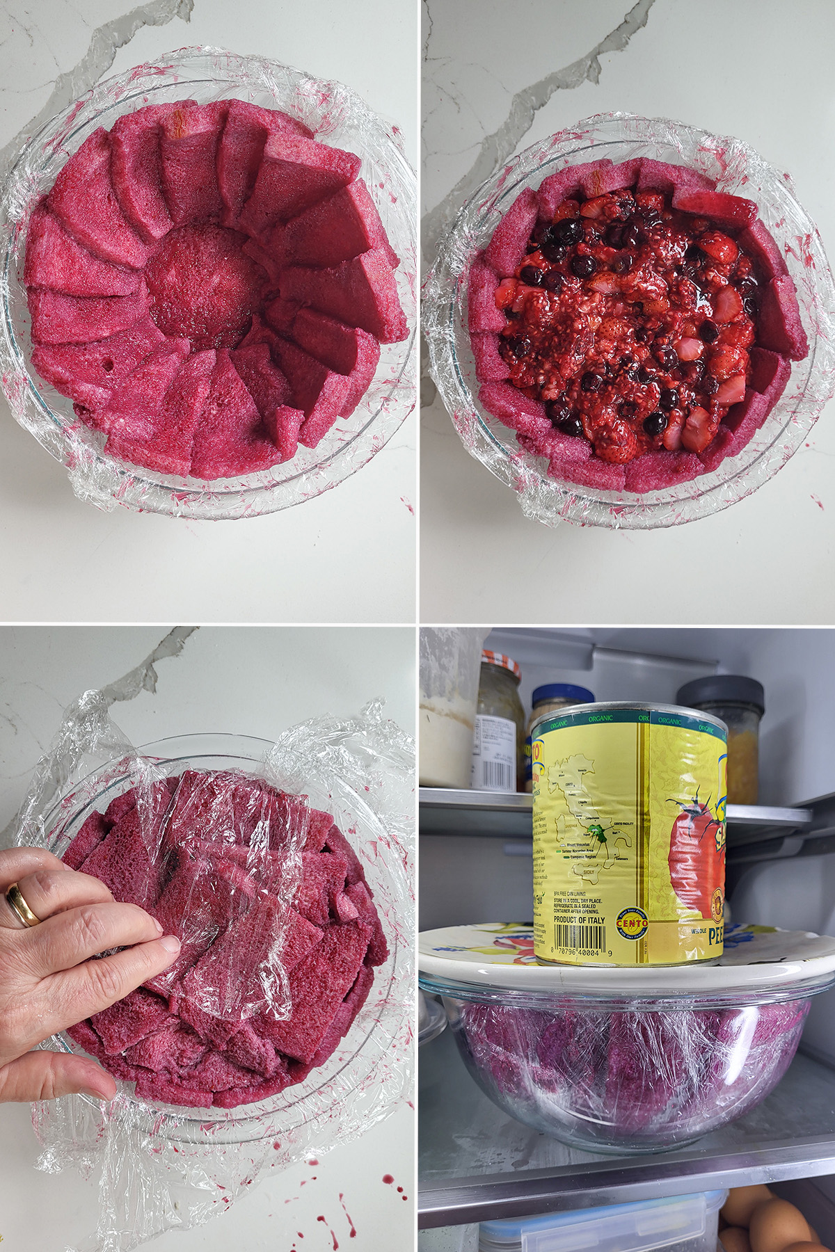 a bowl lined with bread soaked in berry juice. Berries in the bread lined bowl. A hand covering the bowl with plastic wrap. The bowl in the refrigerator.
