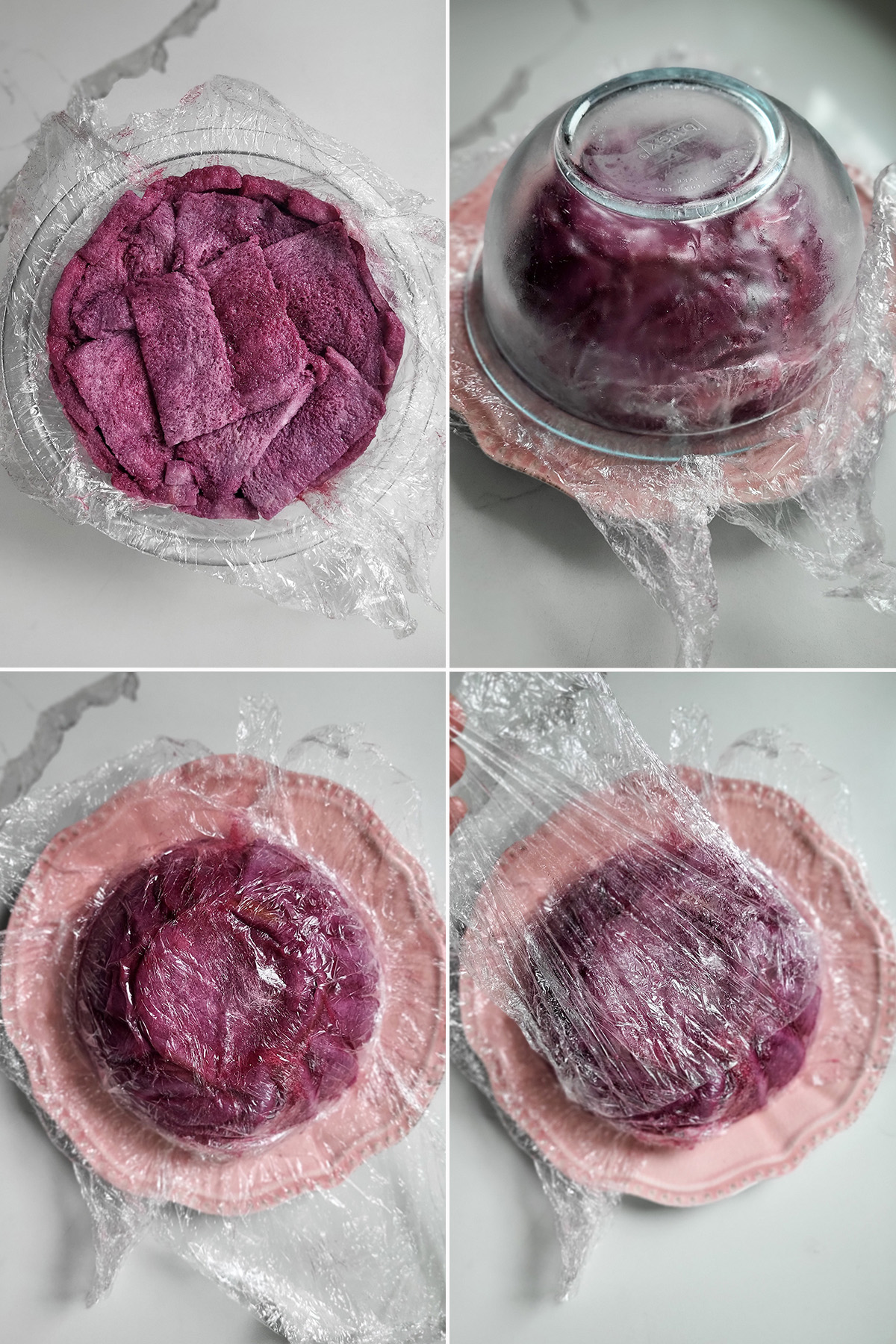 A berry pudding in a bowl. A bowl flipped onto a pink plate. A pudding on a plate being unwrapped.
