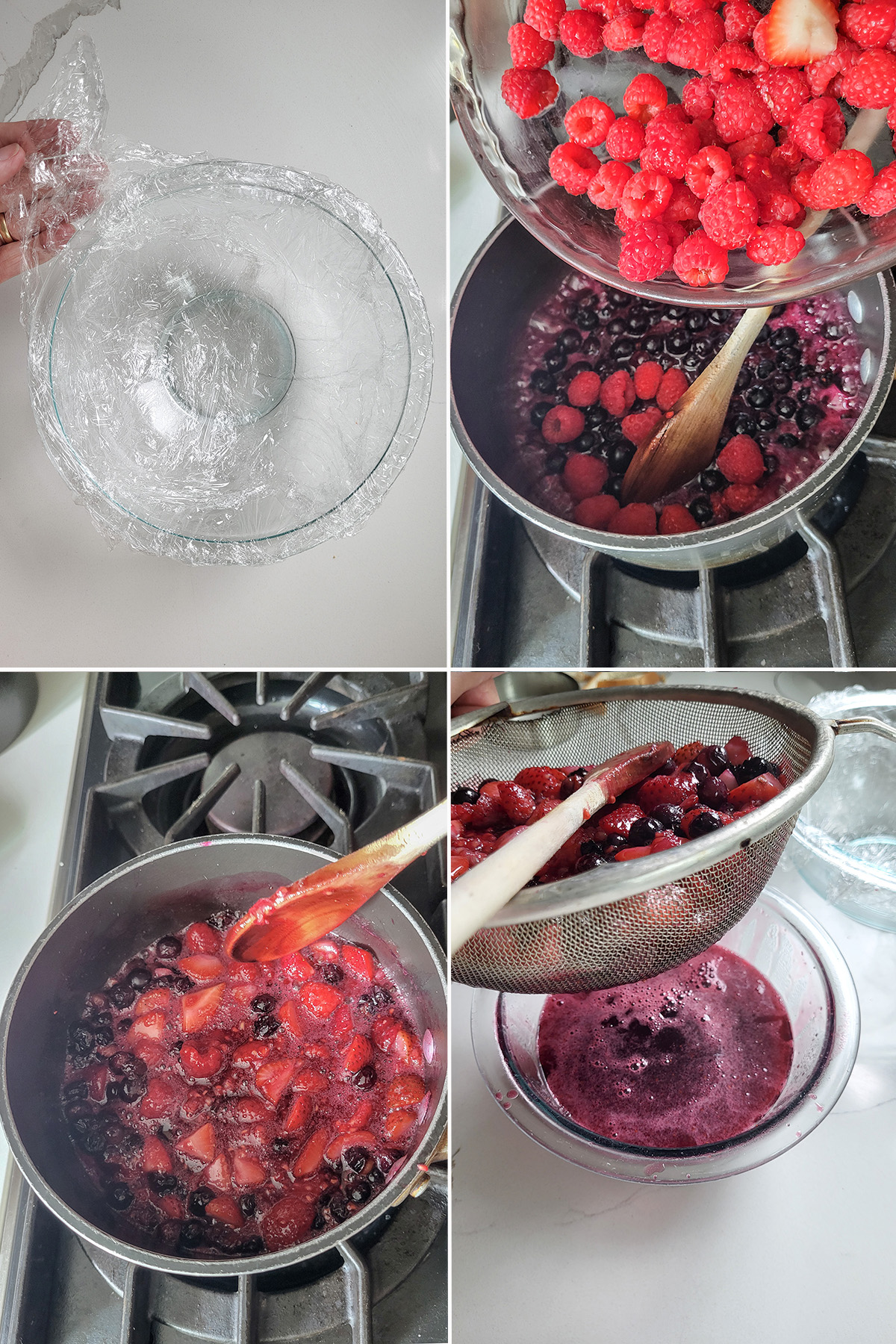 a glass bowl lined with plastic wrap. Mixed berries simmering in a pan. Berries in a strainer over a bowl of juice.
