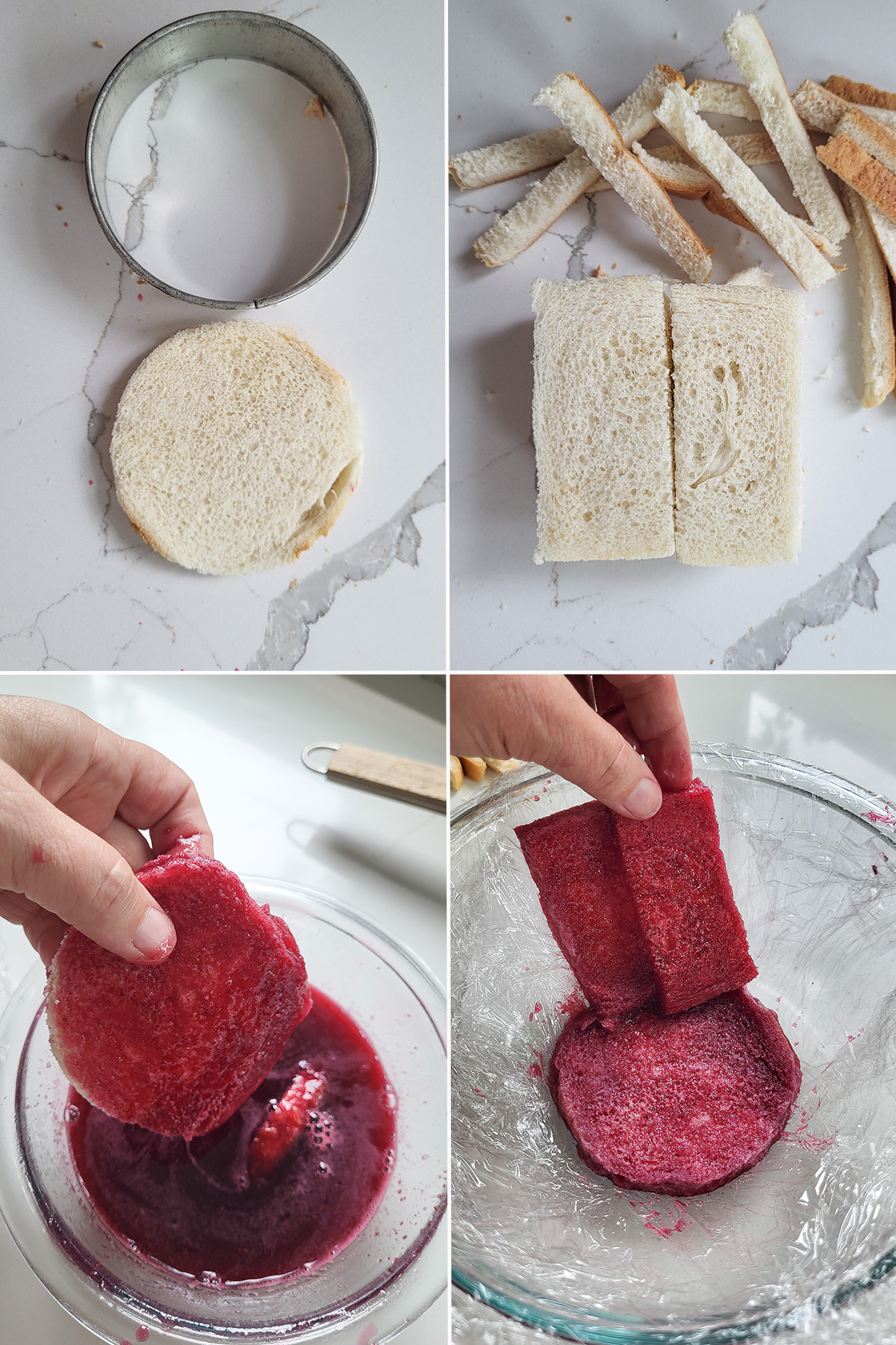 A round of bread cut next to a cutter. Slice of bread with crusts cut and cut in half. Bread dipped in fruit juice.