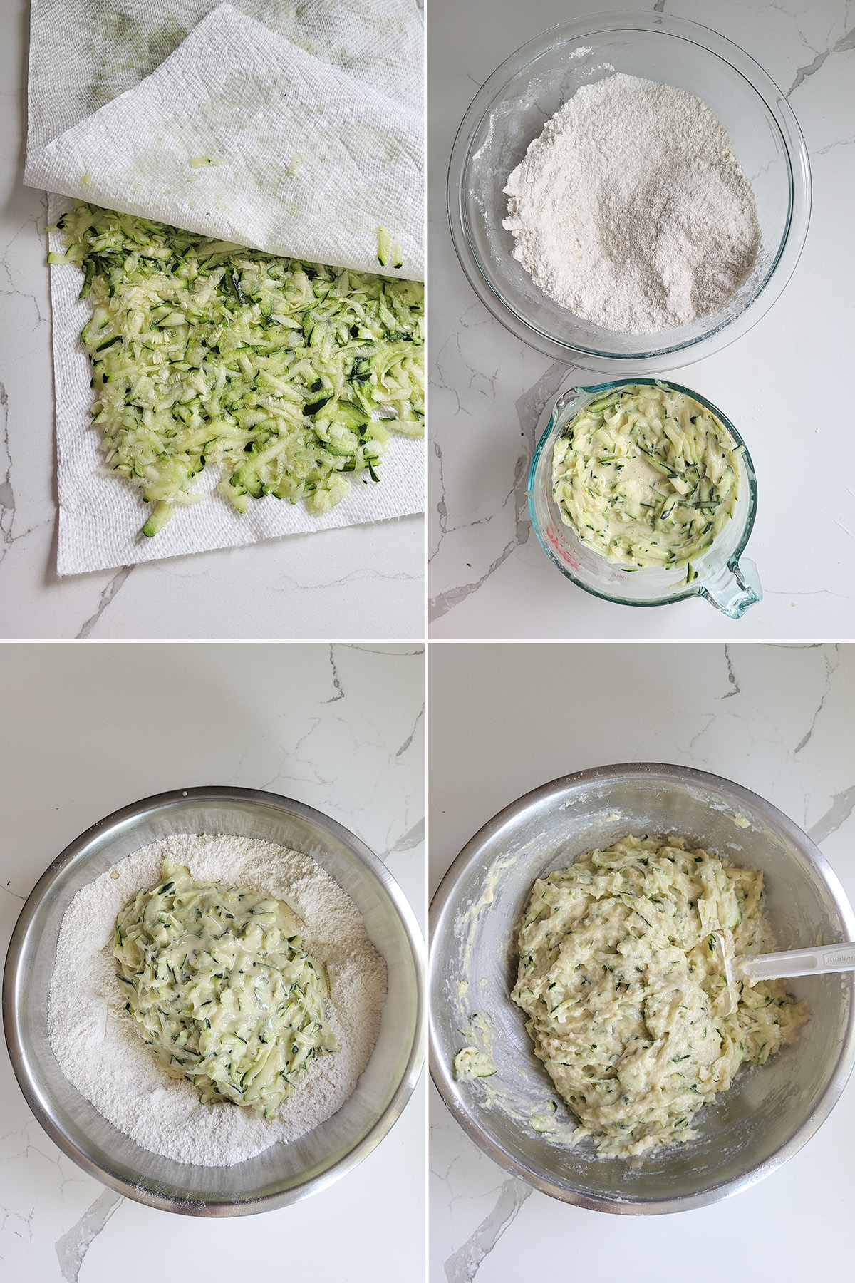 shredded zucchini in paper towels. Dry and wet ingredients for zucchini bread. 