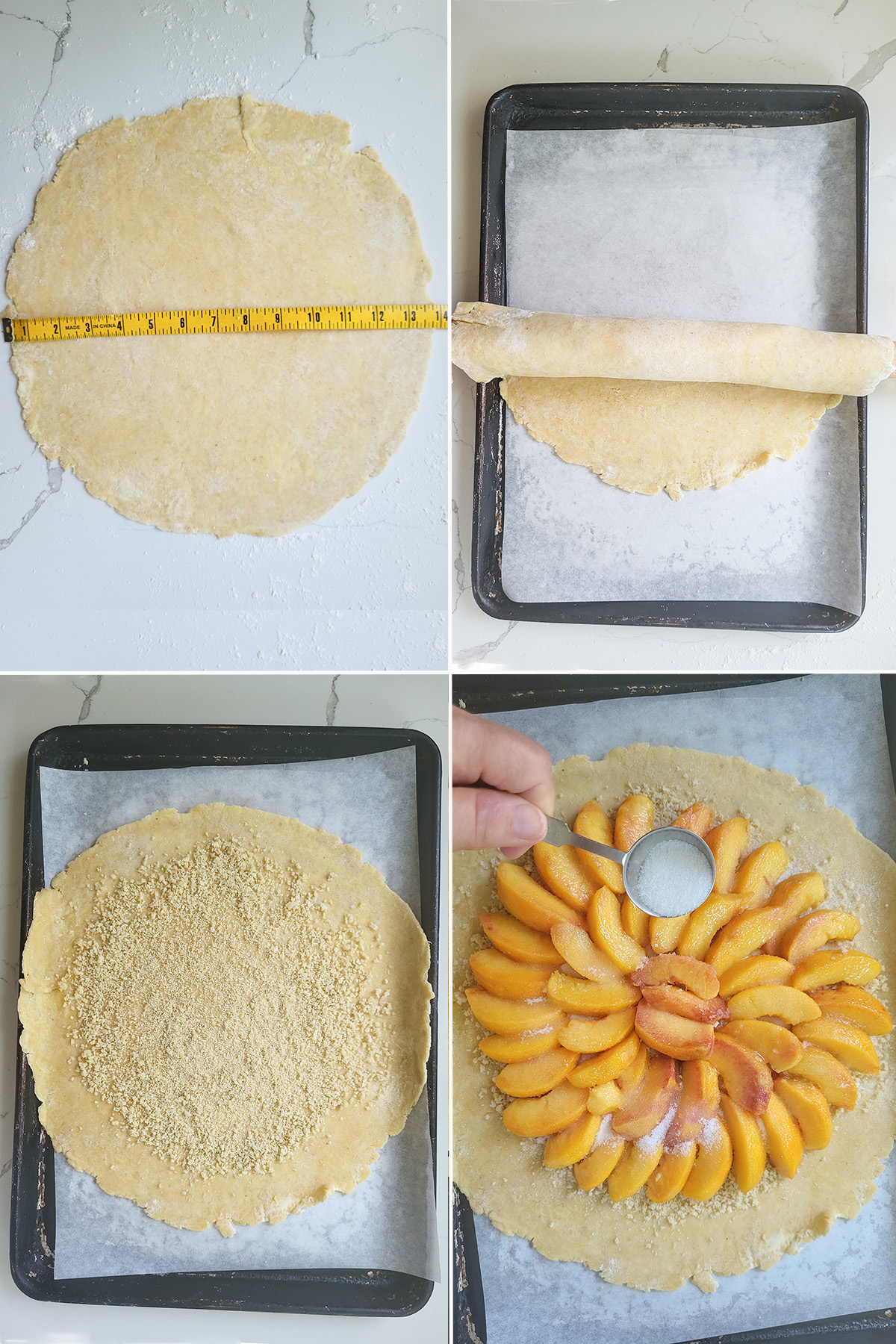 pie dough rolled on a counter. Pie dough unrolled on a sheet pan. Pie dough topped with peaches and sugar.