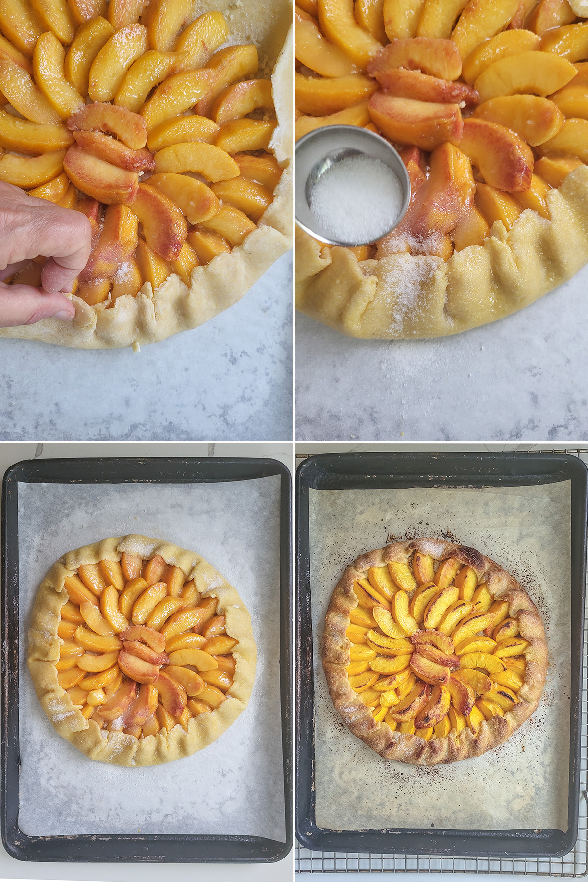 folding dough around peaches. Sprinkling sugar on dough edges. Galette before and after baking.