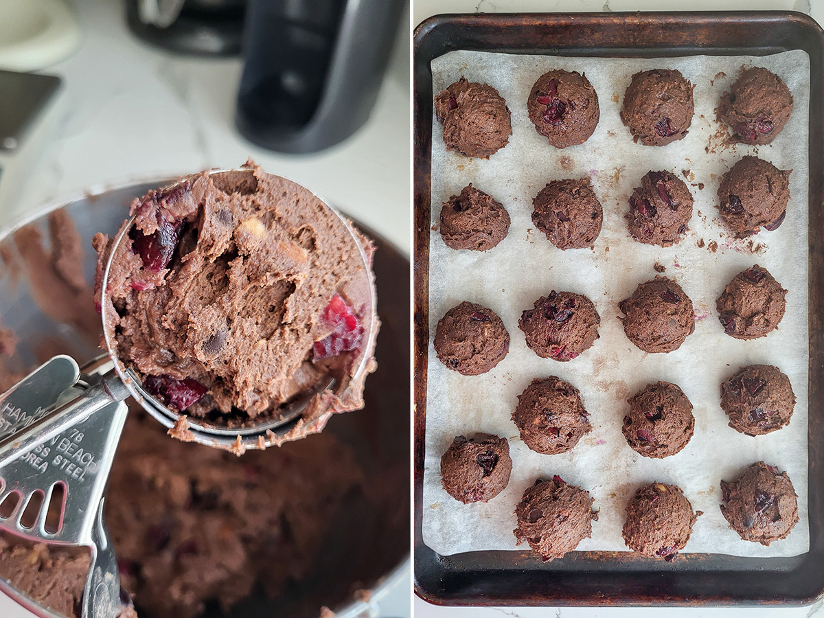 chocolate cookie dough in a scoop. Scoops of cookie dough on a baking tray.
