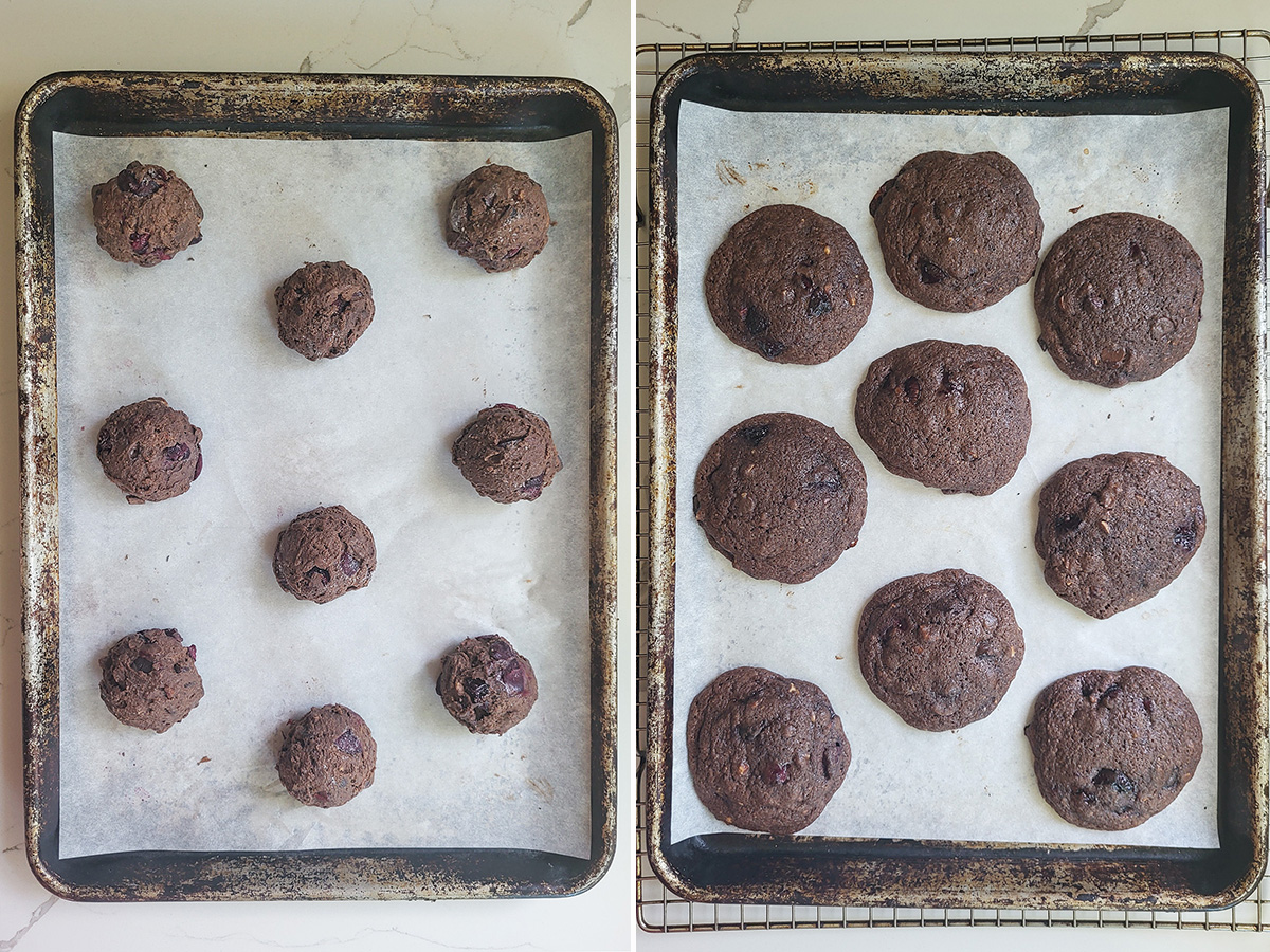 chocolate cookies on a baking tray before and after baking. 