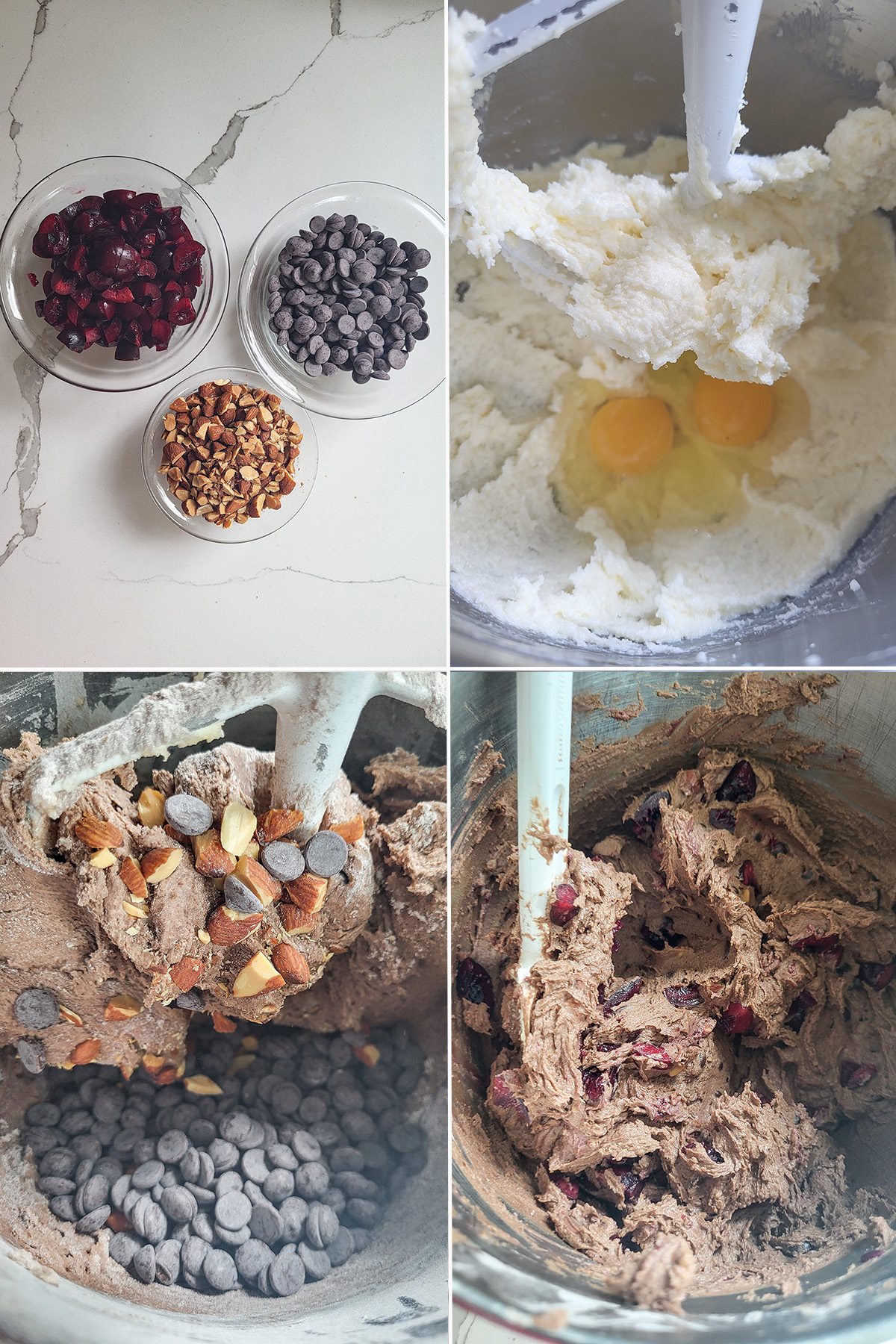cherries, almonds and chocolate chips in glass bowls. Cookie dough in a mixing bowl with paddle.