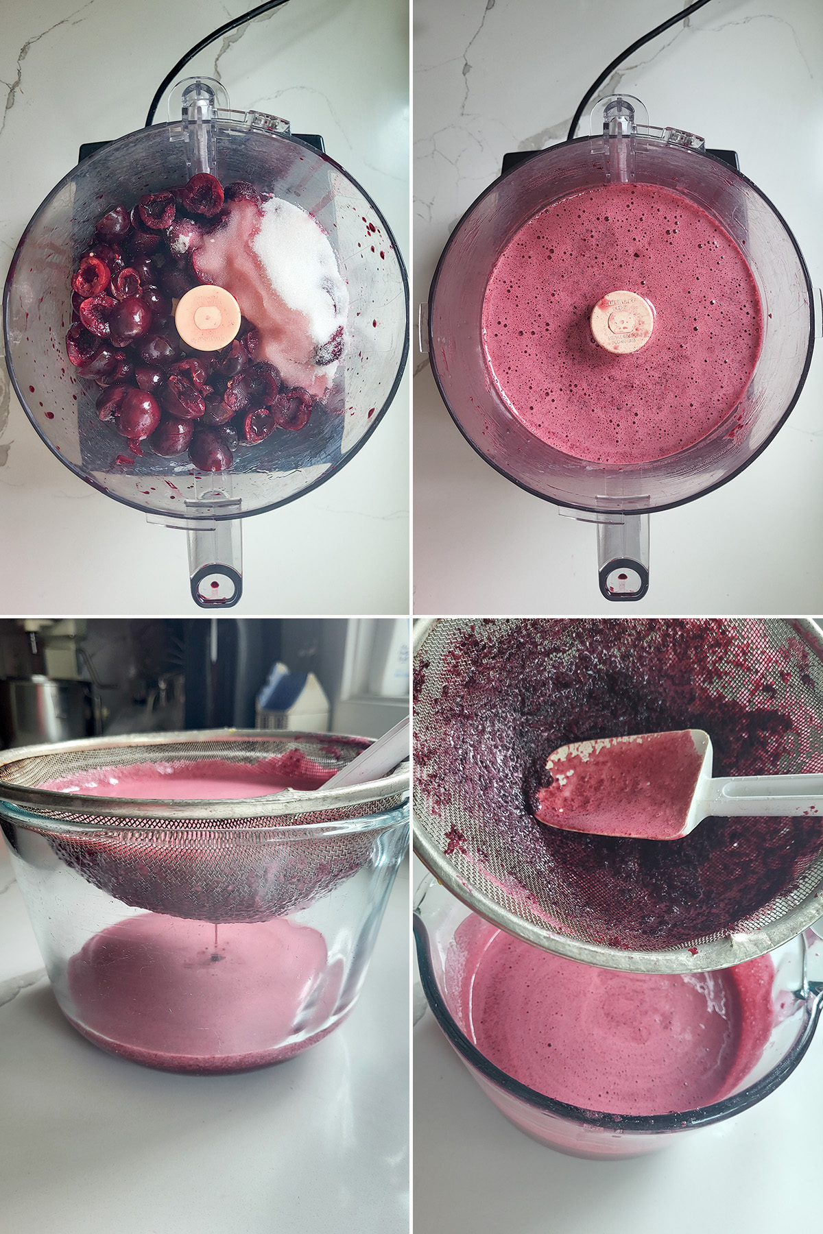 cherries and sugar in a food processor. Pureed cherries being strained into a large measuring cup.