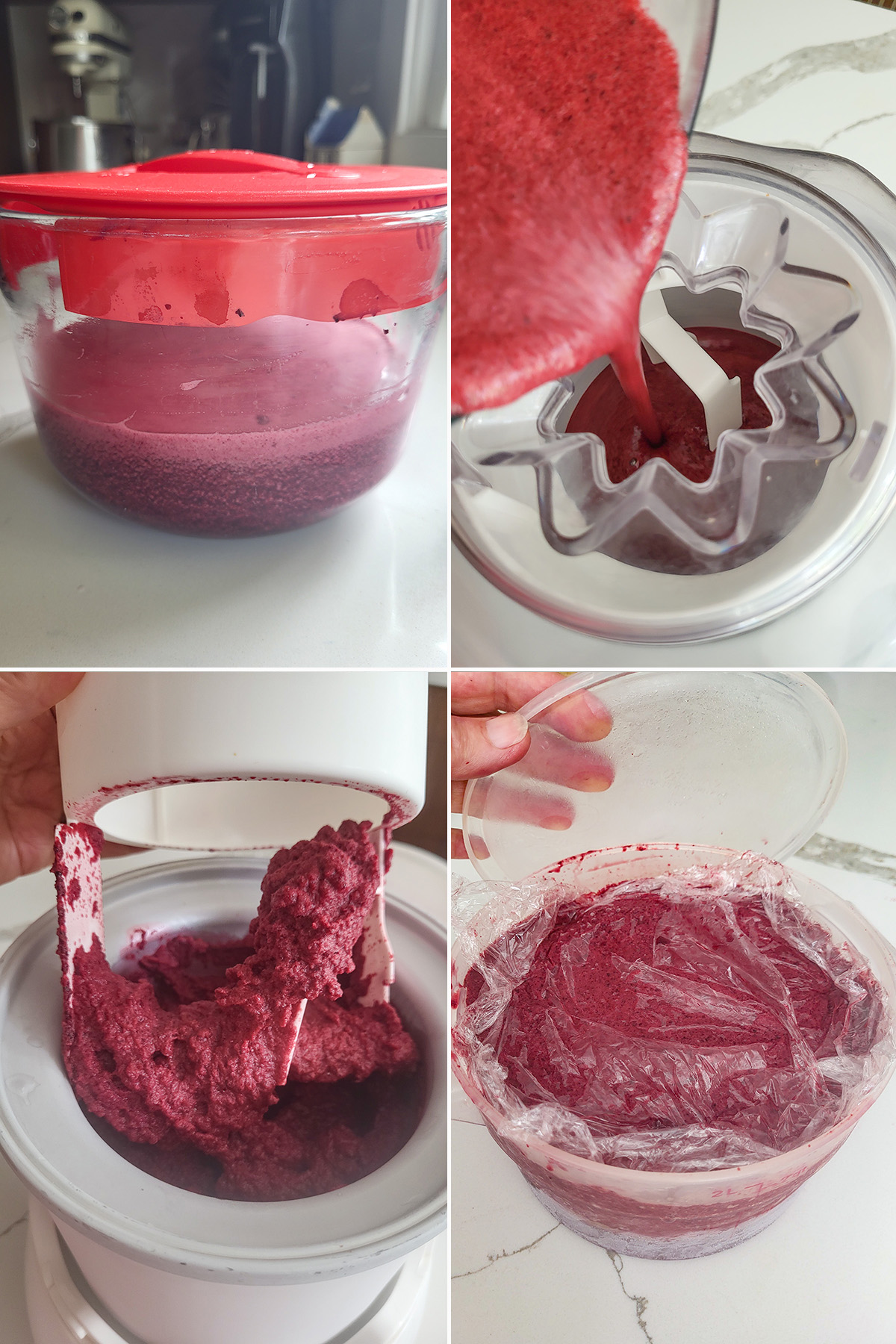 cherry puree in an ice cream maker. Cherry sorbet packed into a freezer container. 