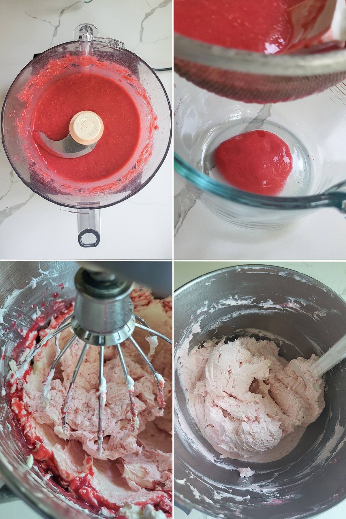 Raspberry puree in a food process and in a strainer. Puree added to buttercream in a mixing bowl.