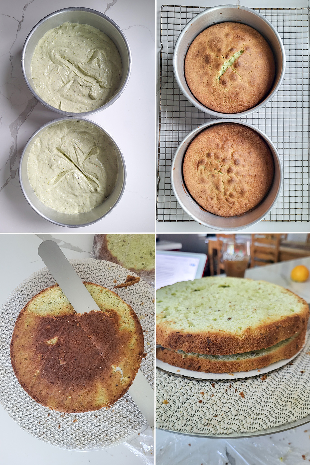 pistachio cake in pans before and after baking. Trimming and splitting pistachio cake. 