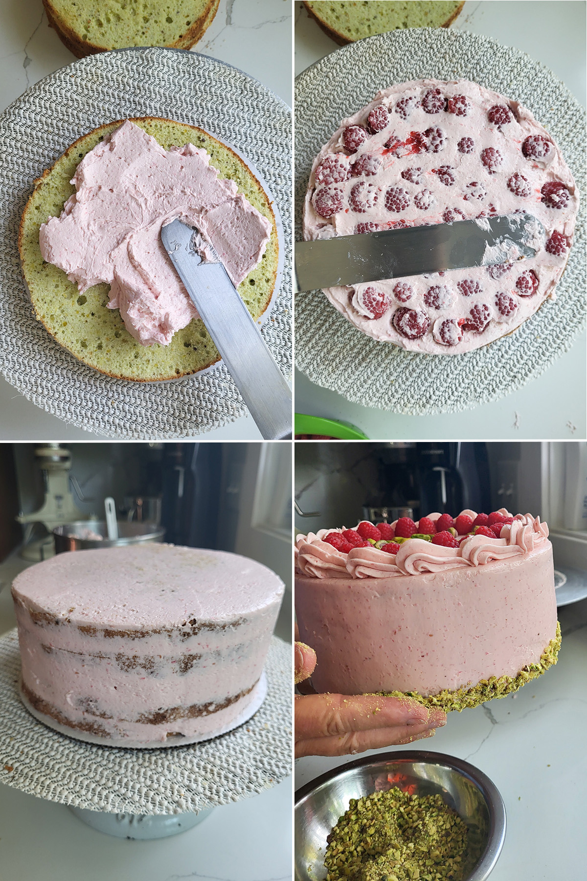 Cake layer with raspberry buttercreams and raspberries. Iced Cake with nuts applied to sides. 