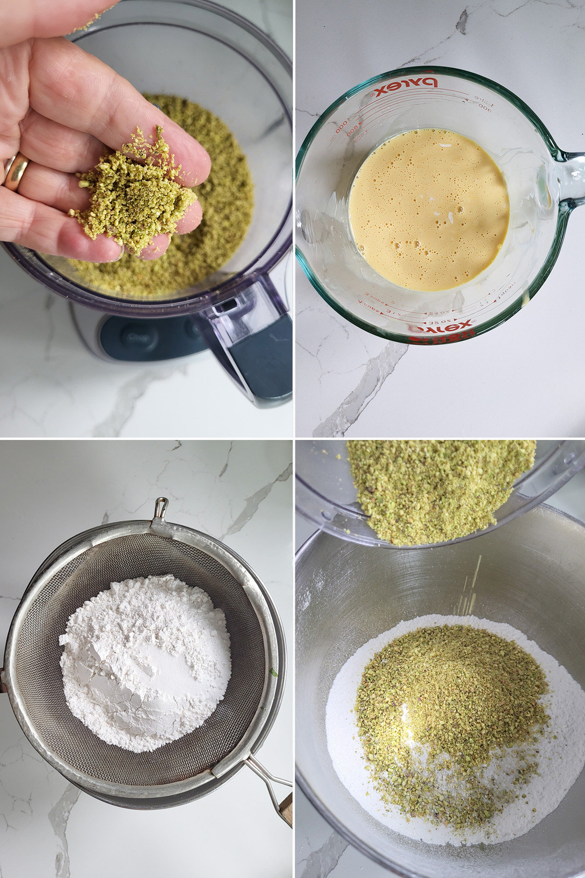 ground pistachios in a food processor. Eggs in a cup. Flour in a sifter. 