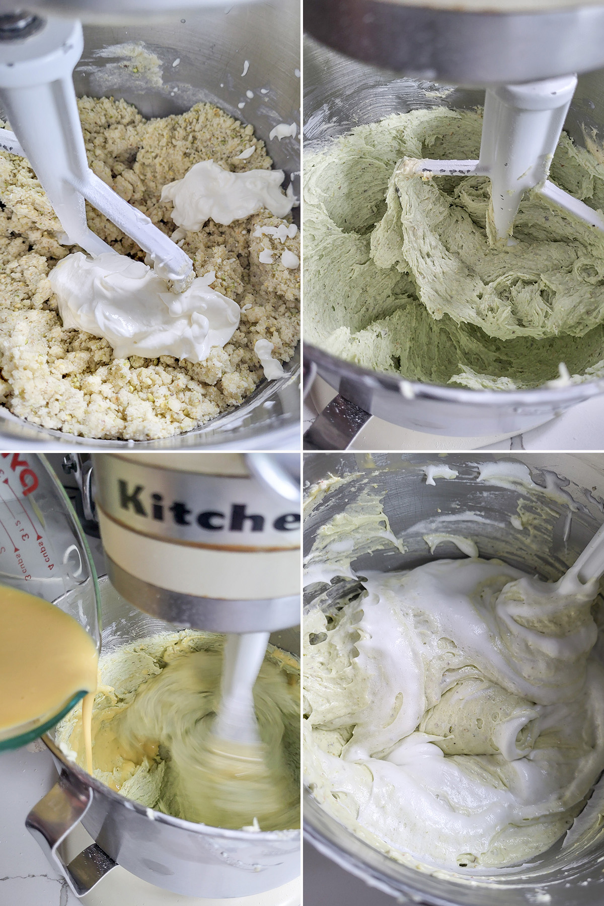 Cake batter in a mixing bowl. Sour cream added, eggs added, egg whites added.