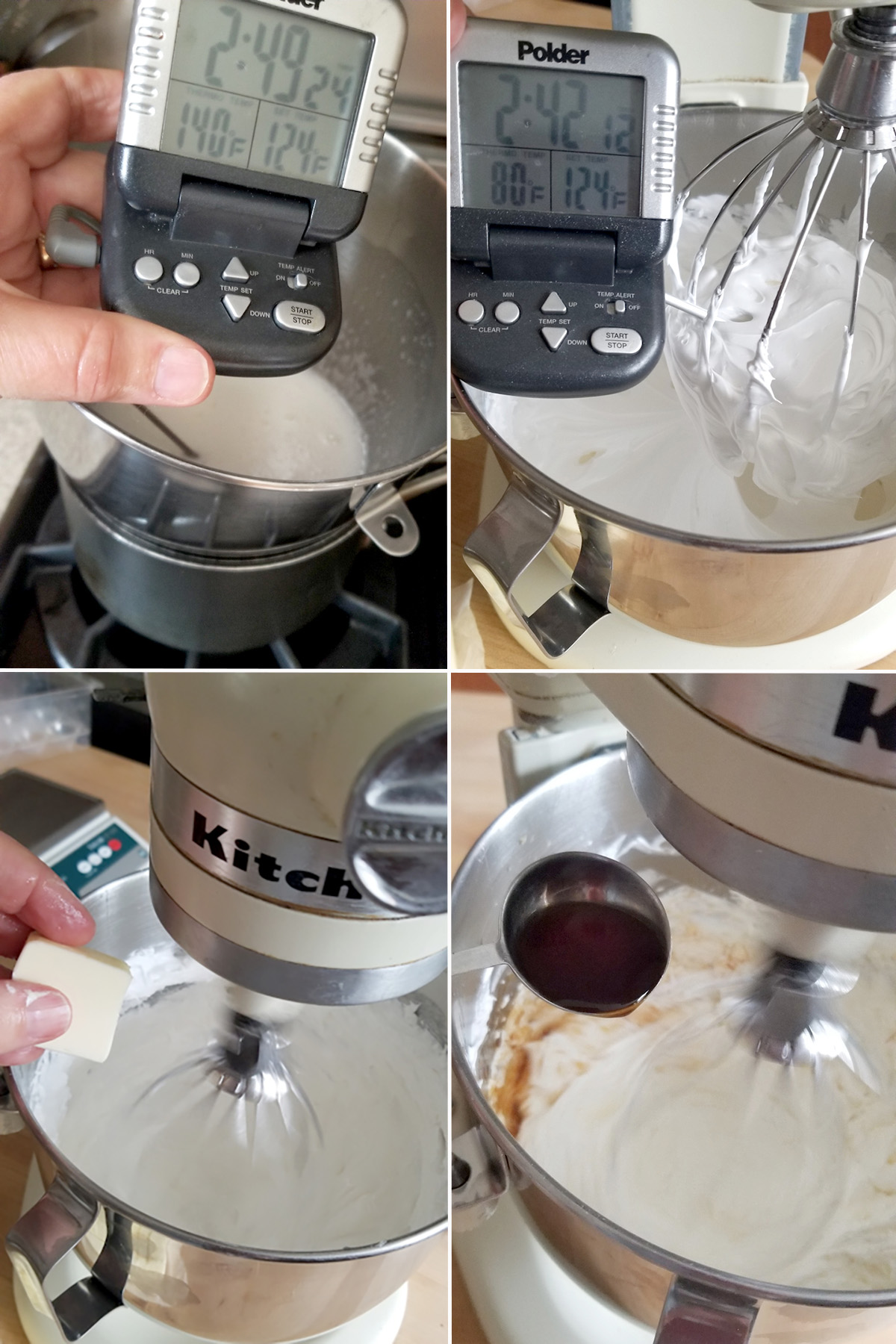 Egg whites with thermometer in a bowl. Butter added. Vanilla added.