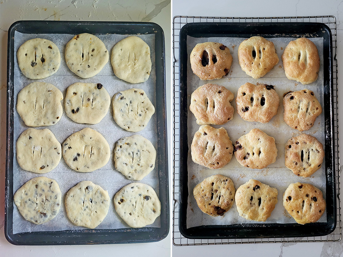 eccles cake on a baking pan before and after baking.