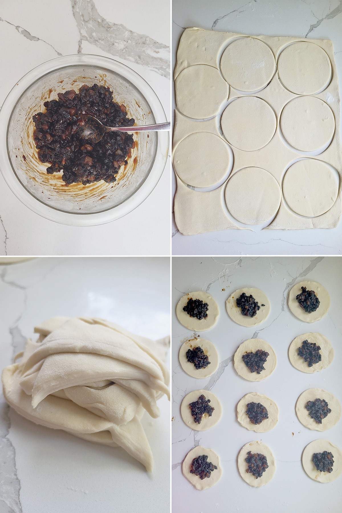 a bowl of currants. Pastry with cutouts. Pastry rounds with currants on top.