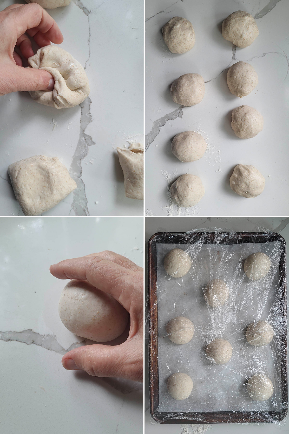 8 pieces of dough. a hand rolling dough to a ball. A tray of unbaked Dutch crunch rolls on a tray.