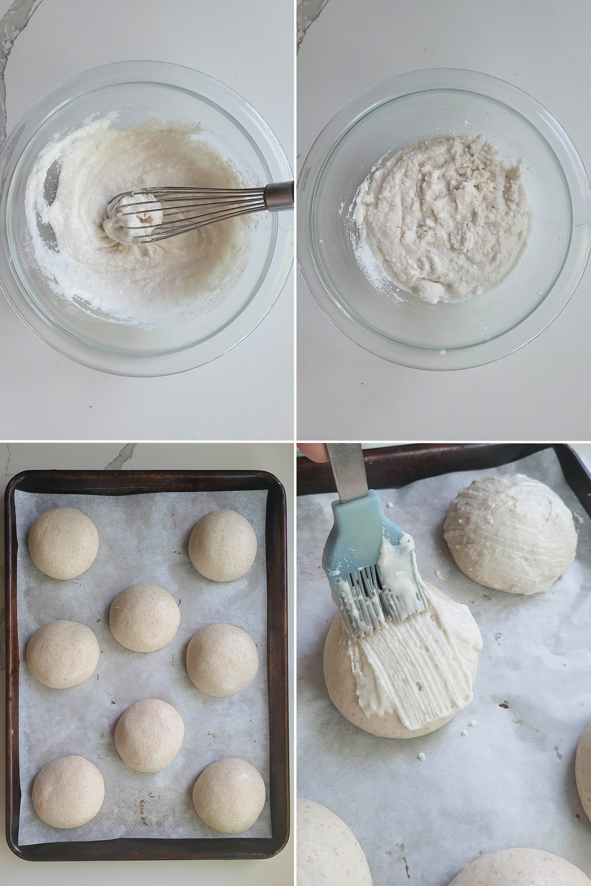 rice flour and water in a bowl. A tray of proofed sourdough dutch crunch rolls. A brush applying paste to a roll.
