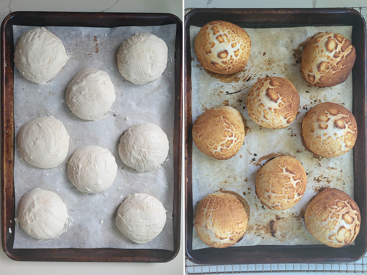 sourdough dutch crunch rolls on a baking pan before and after baking. 