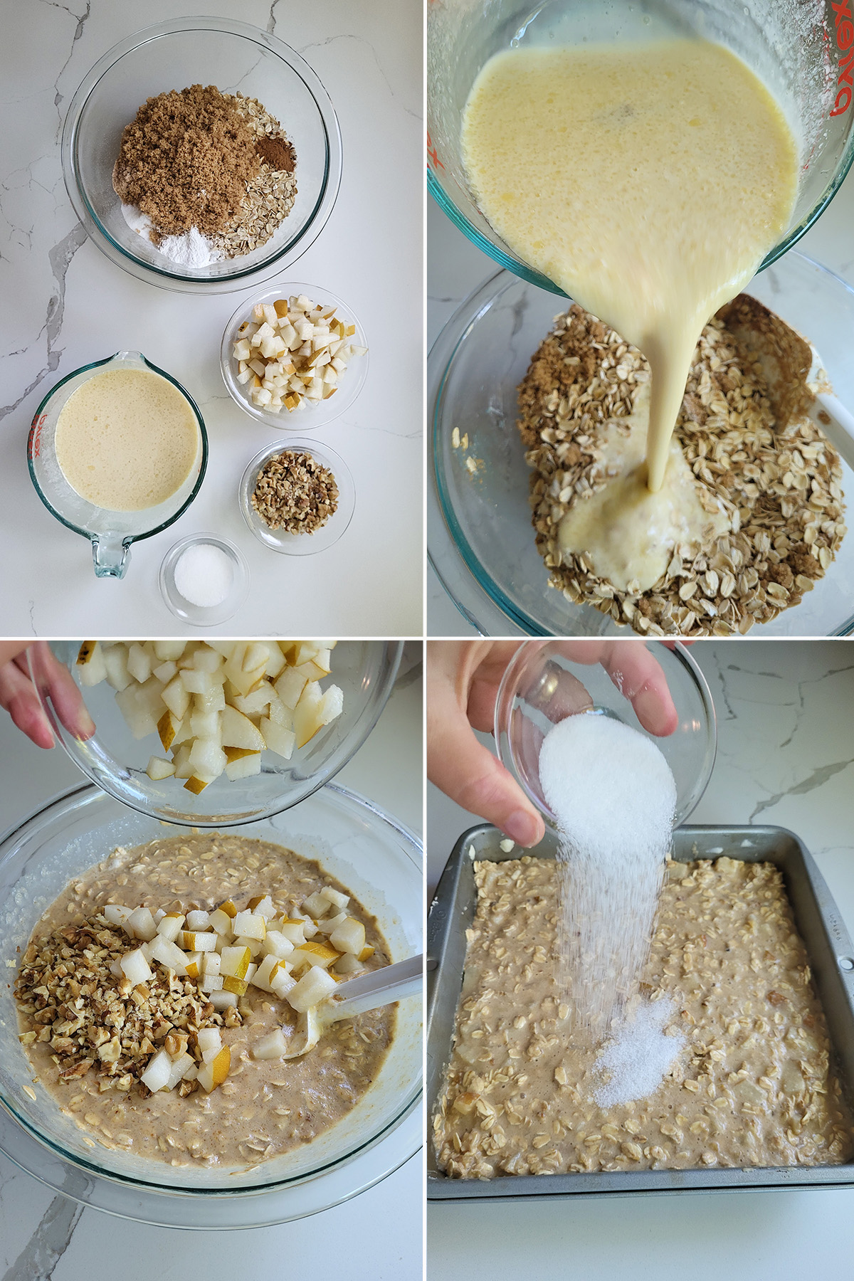 oats and sugar in a large mixing bowl. Milk, eggs apples walnut are  are added to the bowl.