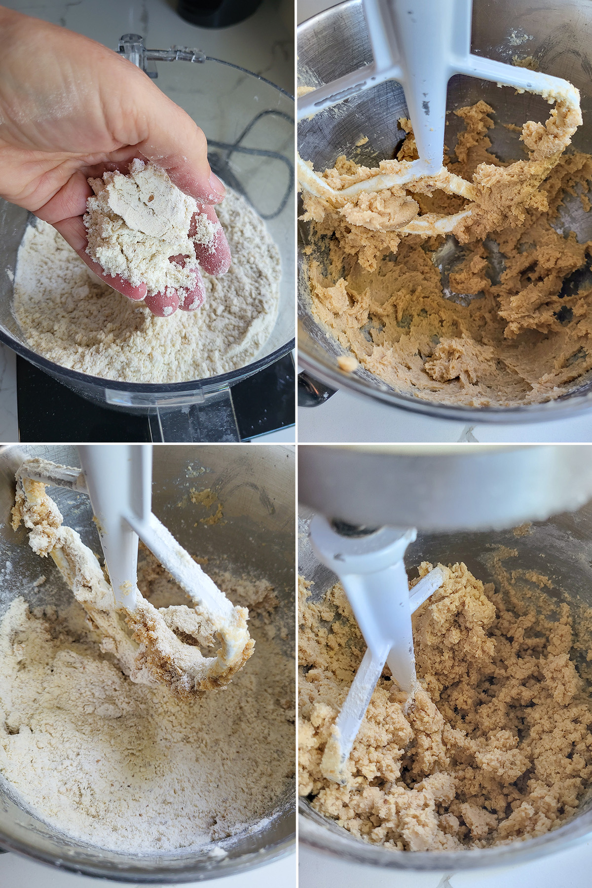 walnuts and flour in a food processor. Walnut shortbread dough in a mixing bowl.